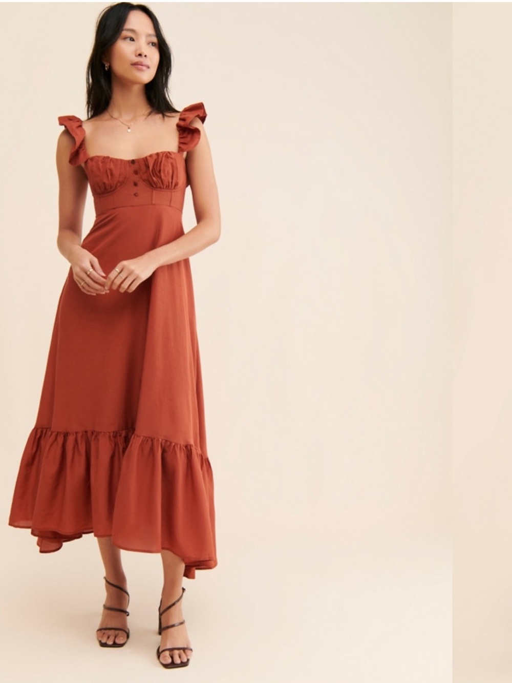Farm Rio Cinnamon Rust Ruffle Corset Bodice Midi Dress Sz Small